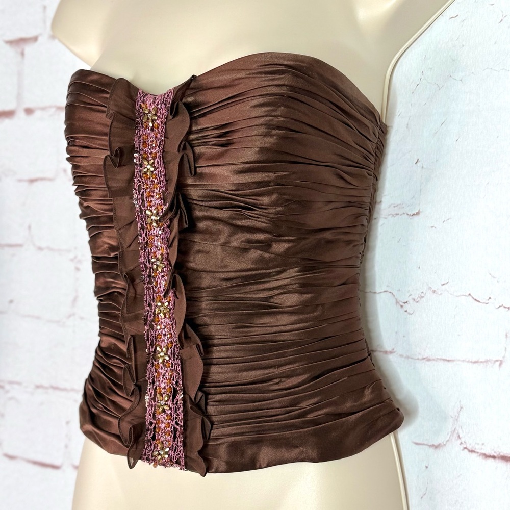 KAY UNGER Brown Ruched 100% Silk Bustier Corset Embellished Ruffle Size 4 - Picture 15 of 16